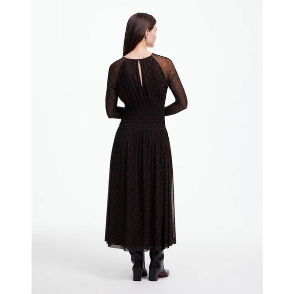 MADEWELL Black Red Smocked Midi Floral Print Sheer Lined Dress size XXL - Picture 2 of 15